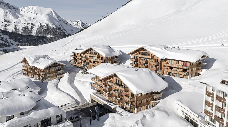 Luftbild im Winter AlpinLodges Kühtai