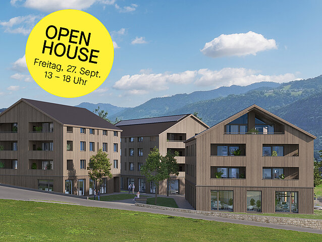 Visualisierung Göfis Gässele mit Open House Störer