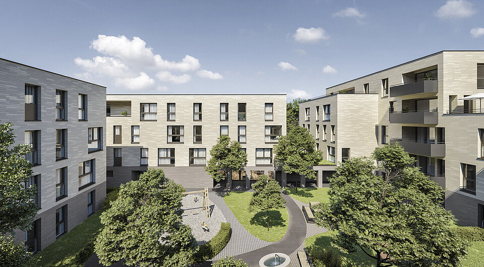 Visualisierung Atrium Eins Innenhof mit Spielplatz