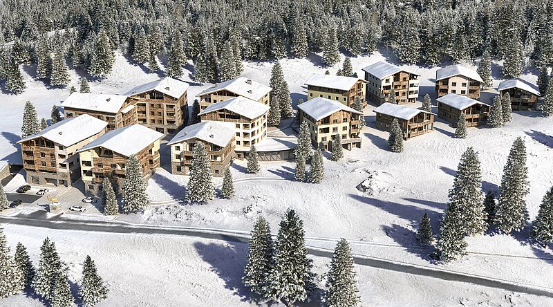 Luftbild AlpinLodges Lenzerheide, Visualisierung im Winter