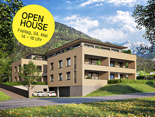 Visualisierung Nüziders Waldburgstraße mit Open House Störer